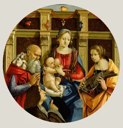 Madonna mit Kind und einem männlichen Heiligen, Katharina von Alexandria und einem Stifter, ca. 1500